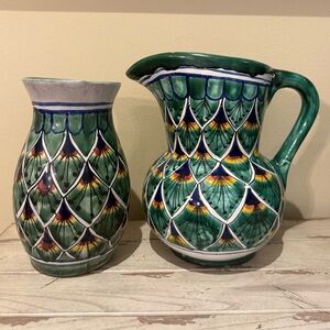 Colorful Talavera Peacock Feather Pitcher & Vase Set